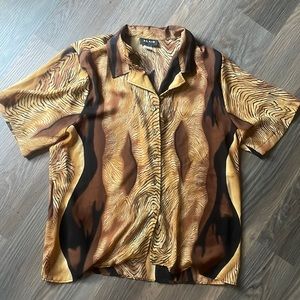 Vintage ALAIS mixed media polyester patchwork style short sleeve button blouse